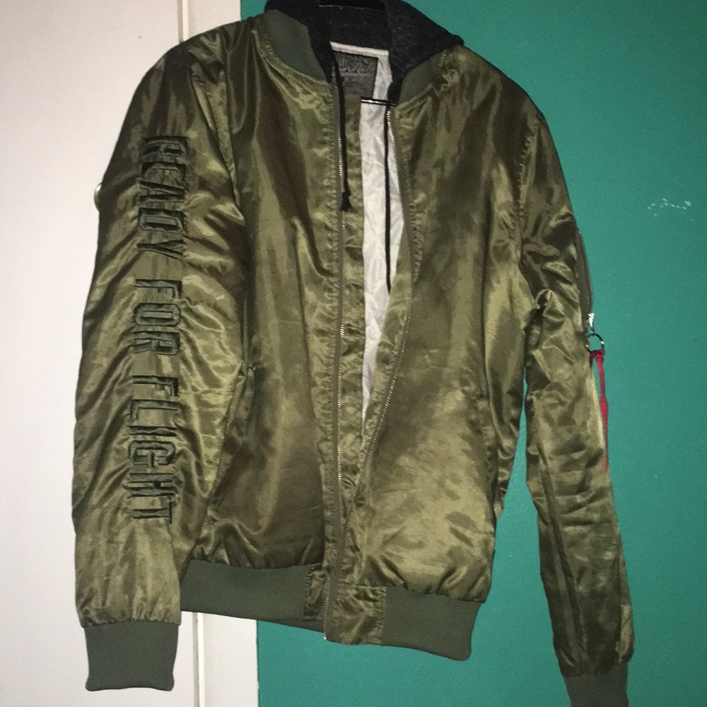 Black hooded olive green bomber jacket